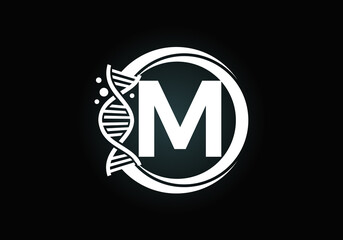 Initial M monogram alphabet in a circle with DNA. Genetics logo design concept. Font emblem. Logo for medicine, science, laboratory, business, and company identity