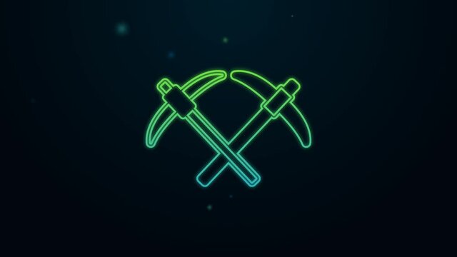 Glowing neon line Pickaxe icon isolated on black background. 4K Video motion graphic animation