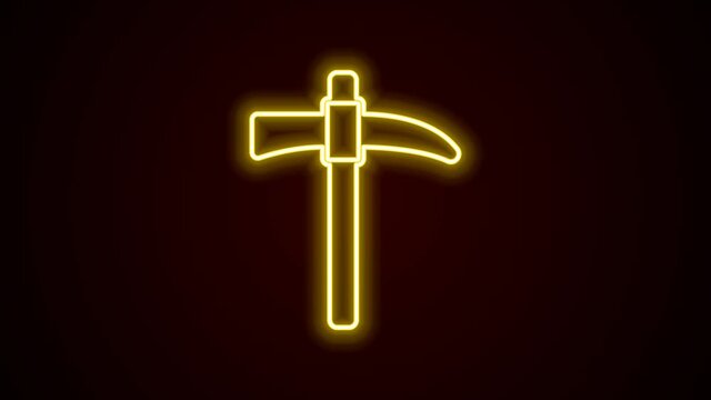 Glowing neon line Pickaxe icon isolated on black background. 4K Video motion graphic animation