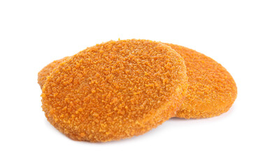 Delicious fried breaded cutlets on white background