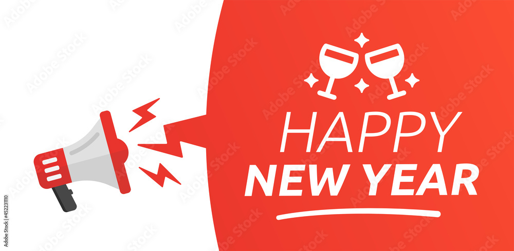 Poster megaphone with happy new year text.