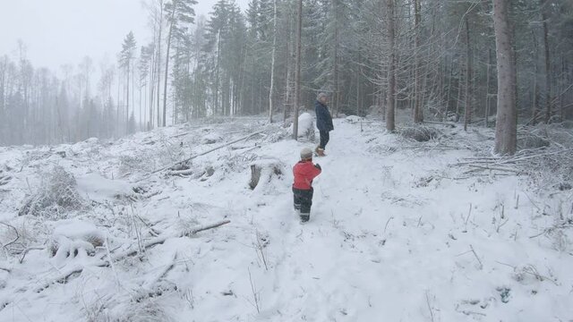 Parent And Kid Walking On Snowy Mountain During Snowfall In Sweden. wide shot