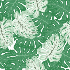Nature floral seamless pattern with blue and green random monstera leaf ornament. Isolated print.