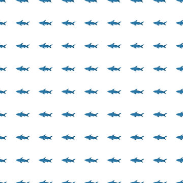Wildlife ocean seamless pattern with little blue shark elements. White background. Scrapbook print.