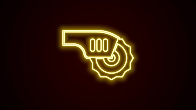 Glowing neon line Electric circular saw with steel toothed disc icon isolated on black background. Electric hand tool for cutting wood or metal. 4K Video motion graphic animation