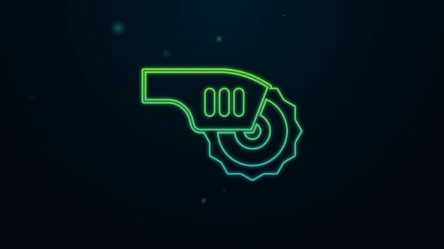 Glowing neon line Electric circular saw with steel toothed disc icon isolated on black background. Electric hand tool for cutting wood or metal. 4K Video motion graphic animation