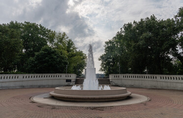 Fountain at the entrance to the John T. Myers pedestrian bridge over the Wabash river in Lafayette, Indiana  