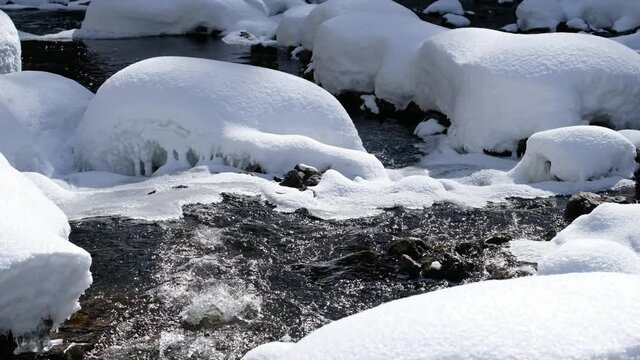 Video of Stones with snow caps and ice in the water of frozen river Pescherka near waterfall in winter season.  Russia