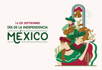 Mexico Independence Day, 16 septiembre, bell, grito de independencia, Fiestas patrias, civic, cultural events, traditions, traditional dress, traje t&iacute;pico, mariachi, coat of arms, folkloric - VECTORS