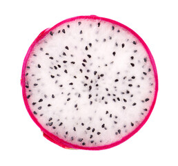 Dragon fruit isolated on white background. Slice of Pitaya or Pitahaya fruit with clipping path. Top view.