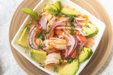 Overhead close-up of shrimp ceviche with avocado