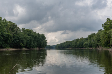 Scenic Wabash river vista in the summer set against dramatic sky, central Indiana