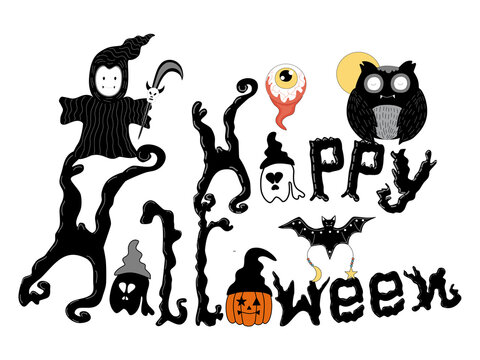 Happy Halloween collection designed with doodle style in black, white, orange tones for decorating items such as cards, room decorations, parties, t-shirts, stickers, hats, digital printing, mugs