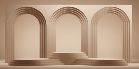 Minimal background.arch podium with brown background for product presentation. 3d rendering illustration.