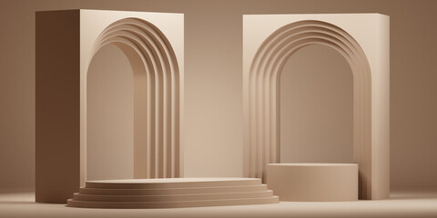 Minimal background.arch podium with brown background for product presentation. 3d rendering illustration.