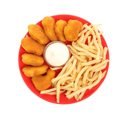 Tasty chicken nuggets and French fries with mayonnaise on white background, top view