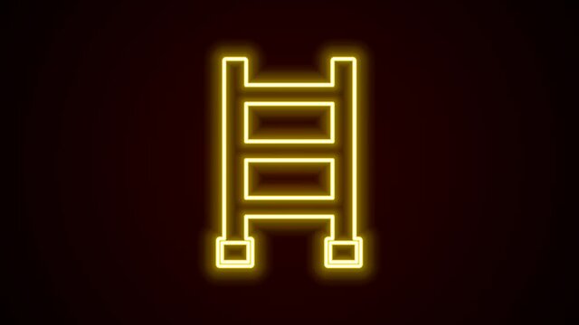 Glowing neon line Fire escape icon isolated on black background. Pompier ladder. Fireman scaling ladder with a pole. 4K Video motion graphic animation