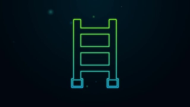 Glowing neon line Fire escape icon isolated on black background. Pompier ladder. Fireman scaling ladder with a pole. 4K Video motion graphic animation