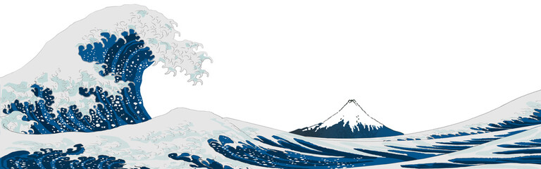 The grate wave. no background, landscape, copy space, Ukiyo-e style, Ukiyoe, Fuji Mountain, sea, wave, mountain, vector illustration, Katsushika Hokusai, New Year's card, graphic, web, banner, header