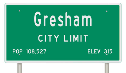 Rendering of a green Oregon highway sign with city information