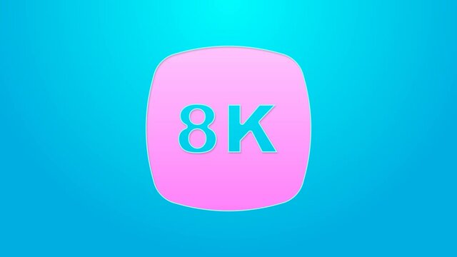 Pink line 8k Ultra HD icon isolated on blue background. 4K Video motion graphic animation