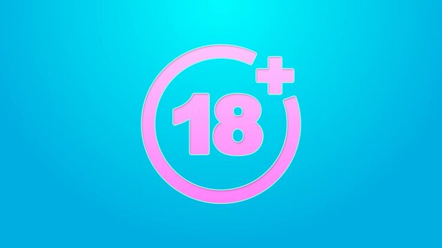 Pink line Plus 18 movie icon isolated on blue background. Adult content. Under 18 years sign. 4K Video motion graphic animation