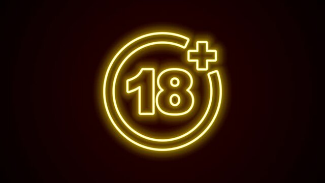 Glowing neon line Plus 18 movie icon isolated on black background. Adult content. Under 18 years sign. 4K Video motion graphic animation