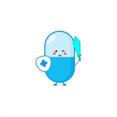 Cute pill character illustration smile happy mascot logo kids play toys template