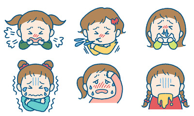 風邪の様々な症状が出ている女の子のイラストセット