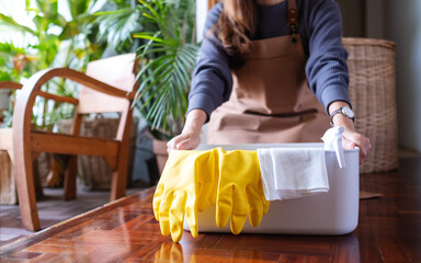 A young woman holding a bucket with cleaning tools and equipment at home