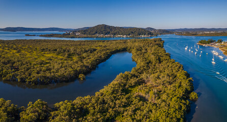 Afternoon panorama aerial waterscape over the bay