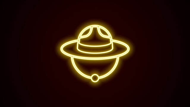Glowing neon line Canadian ranger hat uniform icon isolated on black background. 4K Video motion graphic animation