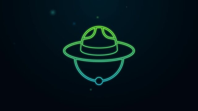 Glowing neon line Canadian ranger hat uniform icon isolated on black background. 4K Video motion graphic animation