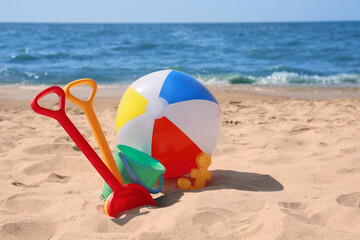 Obraz premium Different sand toys and beach ball near sea