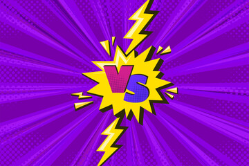 Superhero halftoned background with lightning. Purple versus comic design with yellow flash. Vector illustration backdrop