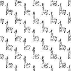 Cute cartoon alpacas hand-drawn in doodle style seamless vector pattern on white background.