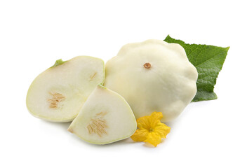 Fresh ripe pattypan squashes with leaf and flower on white background