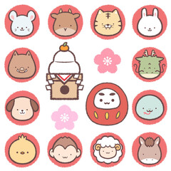 十二支とお正月の円アイコンセット