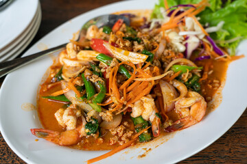 Thai style spicy seafood salad - close up