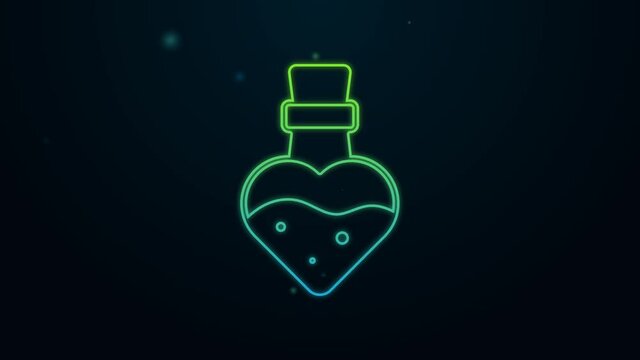 Glowing neon line Bottle with potion icon isolated on black background. Flask with magic potion. Happy Halloween party. 4K Video motion graphic animation