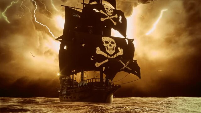 3D Jolly Roger Pirate Galleon in the middle of A Rough Sea - Loop Landscape Background V3