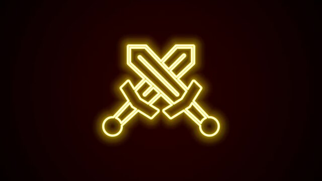 Glowing neon line Crossed medieval sword icon isolated on black background. Medieval weapon. 4K Video motion graphic animation