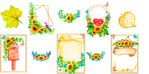 Watercolor autumn frames. Yellow flowers are a wreath of sunflower.Banners and golden frames.Paper for postcards, invitations, wedding design.Insects, butterfly, dragonfly, bee, on flowers.Ribbons.