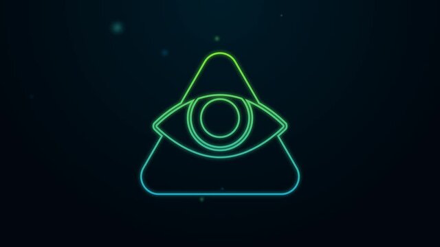 Glowing neon line Masons symbol All-seeing eye of God icon isolated on black background. The eye of Providence in the triangle. 4K Video motion graphic animation