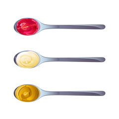 Ketchup, mayonnaise, mustard sauces in the spoons set. Realistic vector illustration isolated on white background.