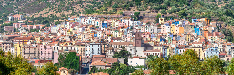 Fototapeta na wymiar Panoramic view of the colorful houses of Bosa, Oristano - Sardinia 
