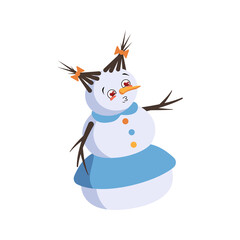 Cute Christmas snow woman falls in love with eyes hearts, kiss face, arms and legs. Joyful New Year festive decoration with kind expression, funny or smile emotions