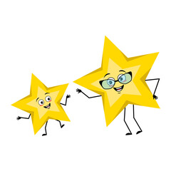 Cute star character with joyful emotions, smile face, happy eyes, arms and legs. Space and weather symbol with kind expression, funny grandmother with glasses and grandson