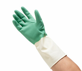 A man's hand wearing rubber gloves on a white background