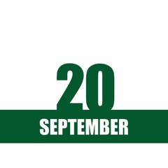 september 20. 20th day of month, calendar date.Green numbers and stripe with white text on isolated background. Concept of day of year, time planner, autumn month.